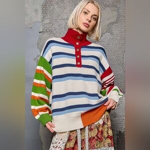 POL Classic Stripe Half Button Mock Neck Sweater with Color-Block Sleeves